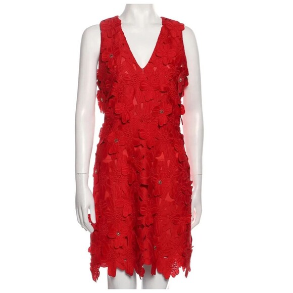 Women's Dresses' Designer Michael Kors Red Lace Pattern V Neck Shift Dress XS - Picture 10 of 11
